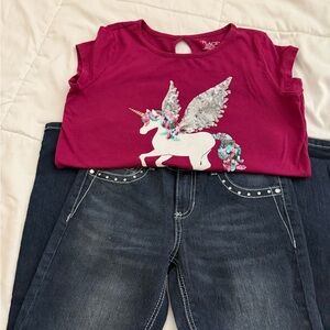 Girls Clothing  Size 8- 14. Lot of  6 Shirts, 1 pair-studded Jeans and 1 dress.